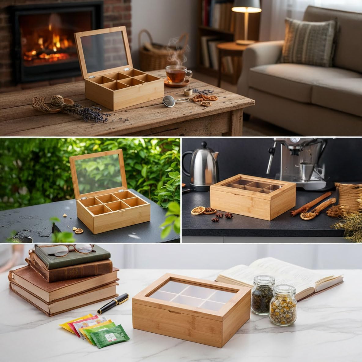 Bambu 6 Bölmeli Çay Kutusu -%100 Orjinal Bambu Mıknatıslı Kapak 21x16,5 x7cm