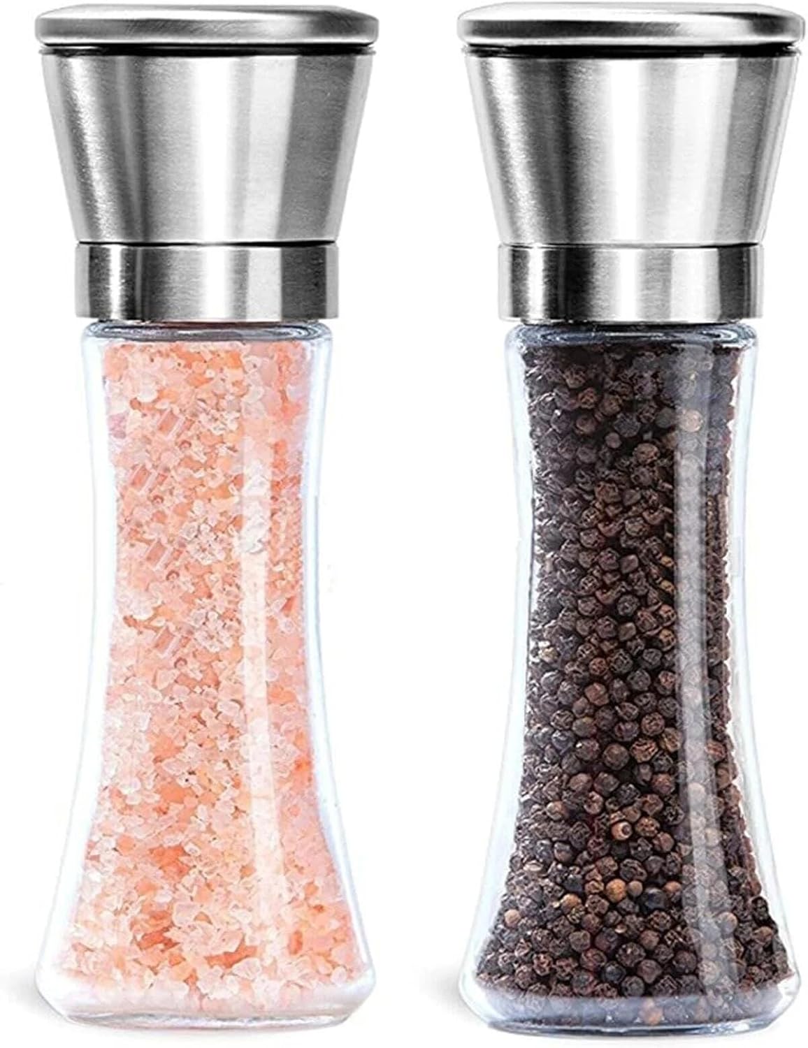 Cam Gövdeli Metal Krom Renk Kapaklı Tuz Karabiber Değirmeni Tuz Karabiber Öğütücü 19 Cm 2 Adet