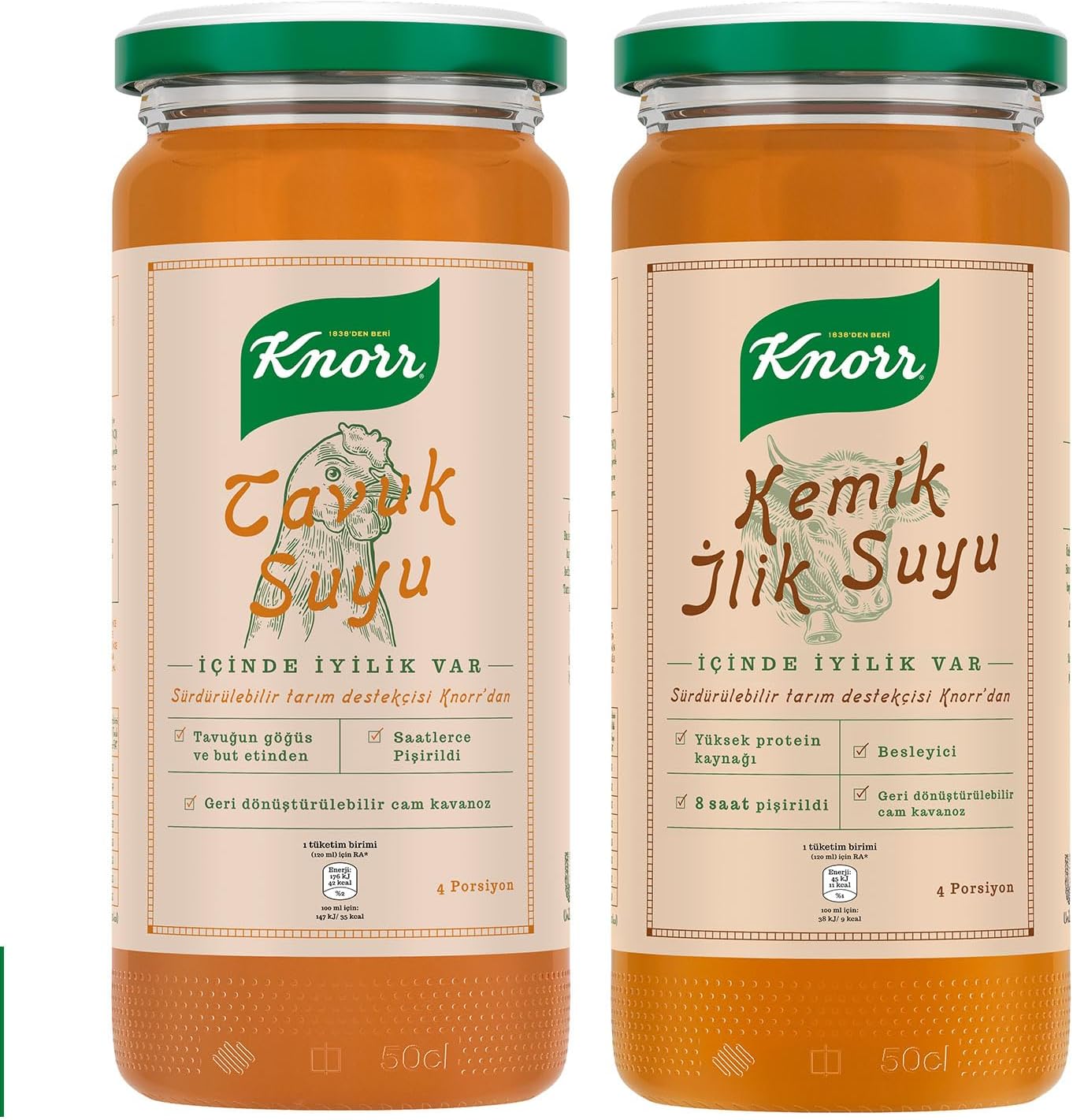 Cam Kavanoz Tavuk Suyu 480ml x1 + Cam Kavanoz Kemik İlik Suyu 480ml x1