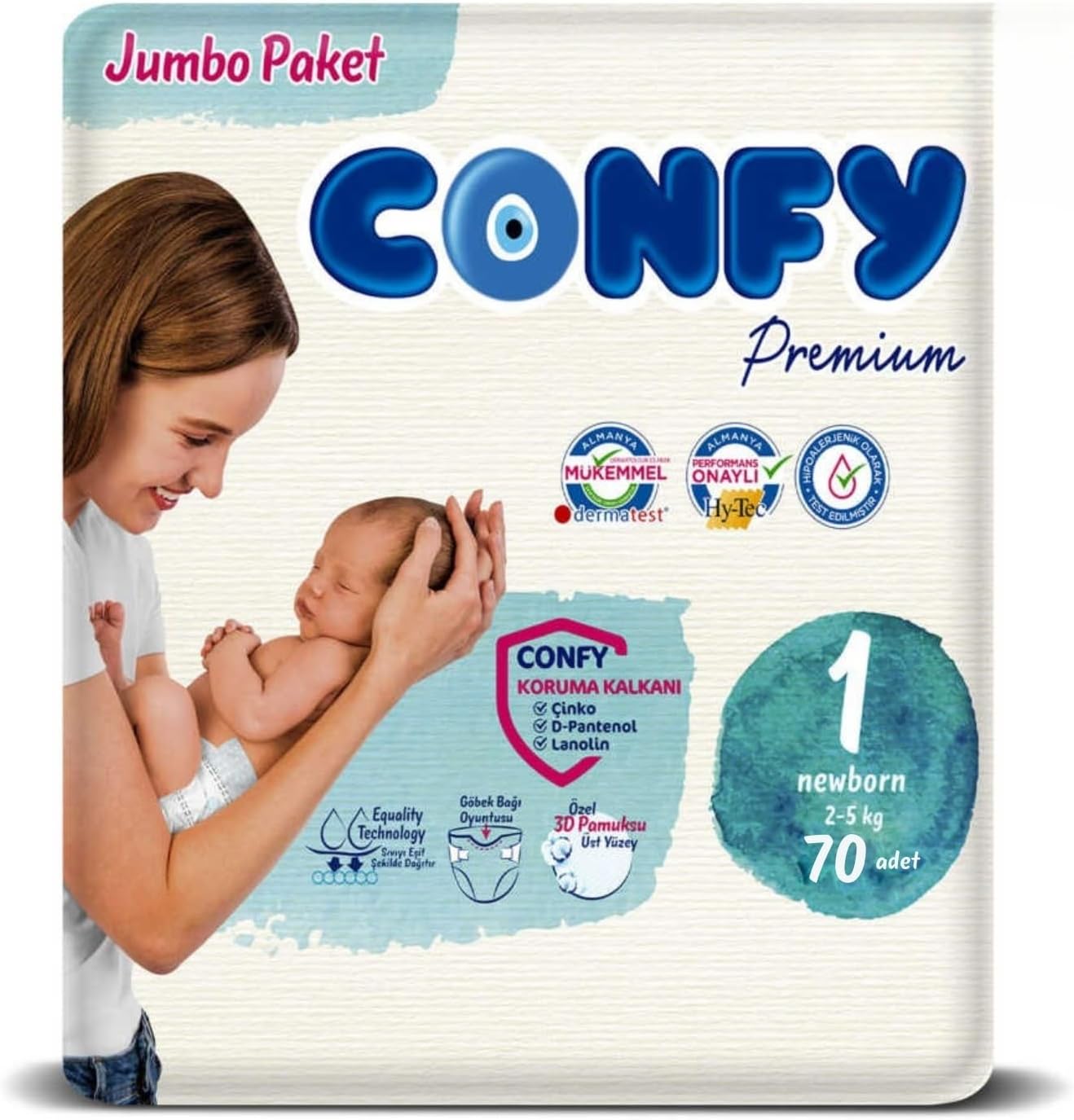 Confy Premium Yenidoğan Bebek Bezi 1 Numara | 2-5 kg | 70 Adet | Ekonomik Paket
