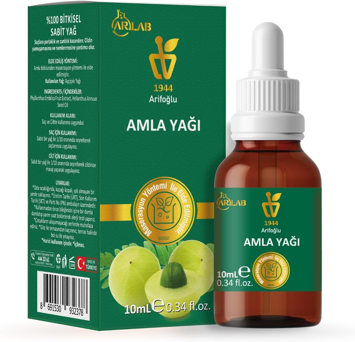 Arifoğlu Amla Yağı 10ml 100% Saf Saç Uzaması, Parlaklık ve Kepeğe Karşı Emblica officinalis oleum, Amla Oil 10ml