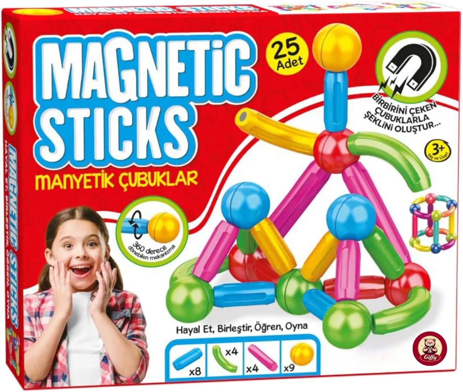 Oyuncak 25 Parça Manyetik Çubuklar ve Toplar Çocuklar İçin Eğitici Öğretici Set Kutulu STEM Oyuncağı