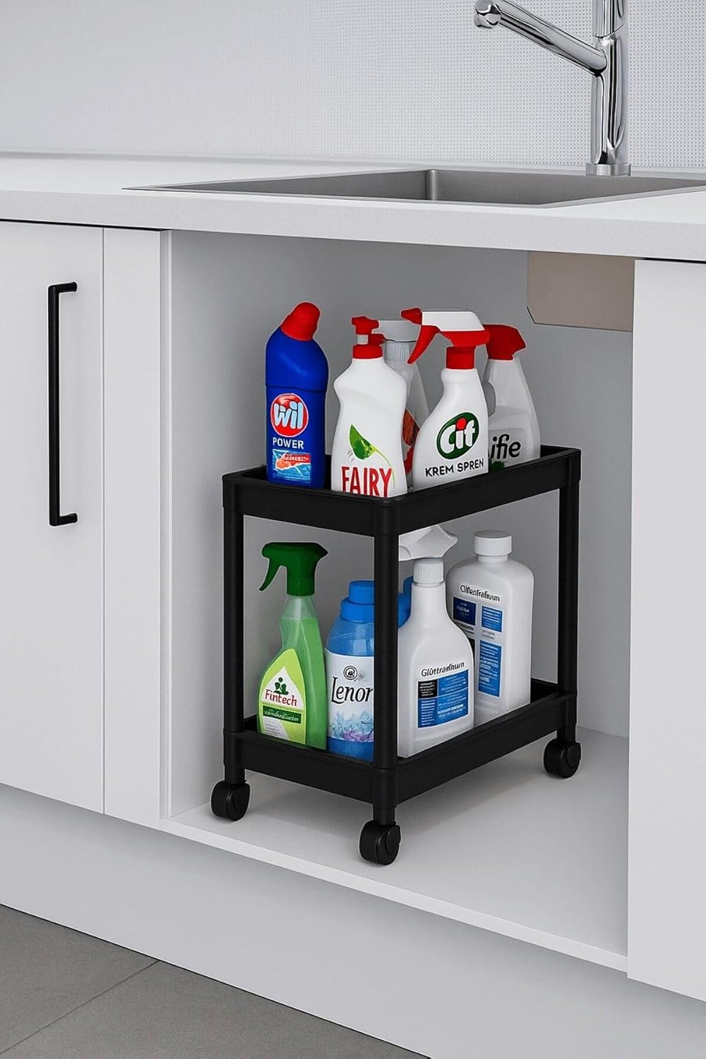 Pro 2 Katlı Siyah Tekerlekli Çok Amaçlı Banyo & Mutfak Düzenleyici Raf – Evye Altı Deterj Siyah 40 X 35