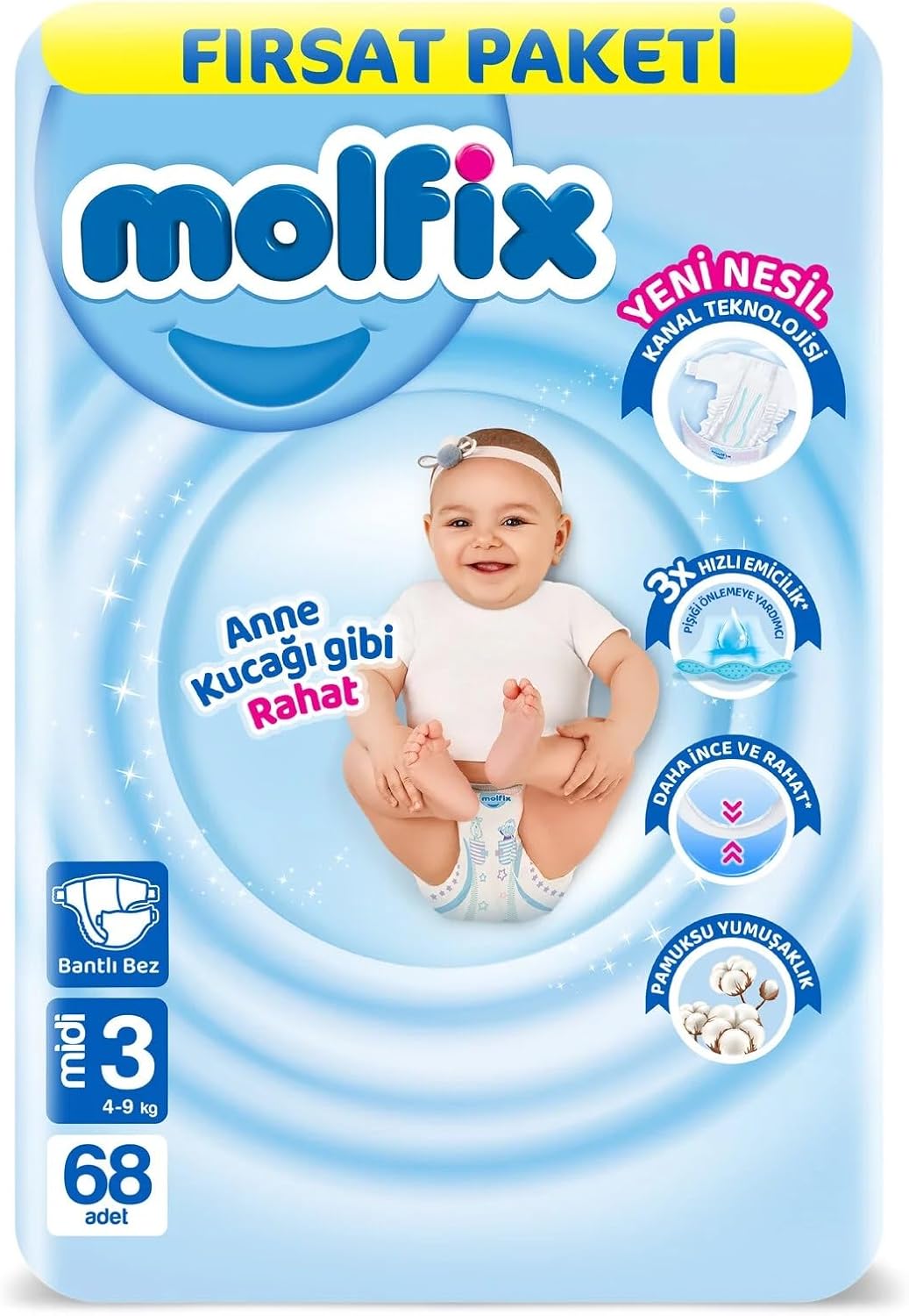 Molfix Bebek Bezi 3 Beden Midi Fırsat Paketi 4-9 kg 68 Adet