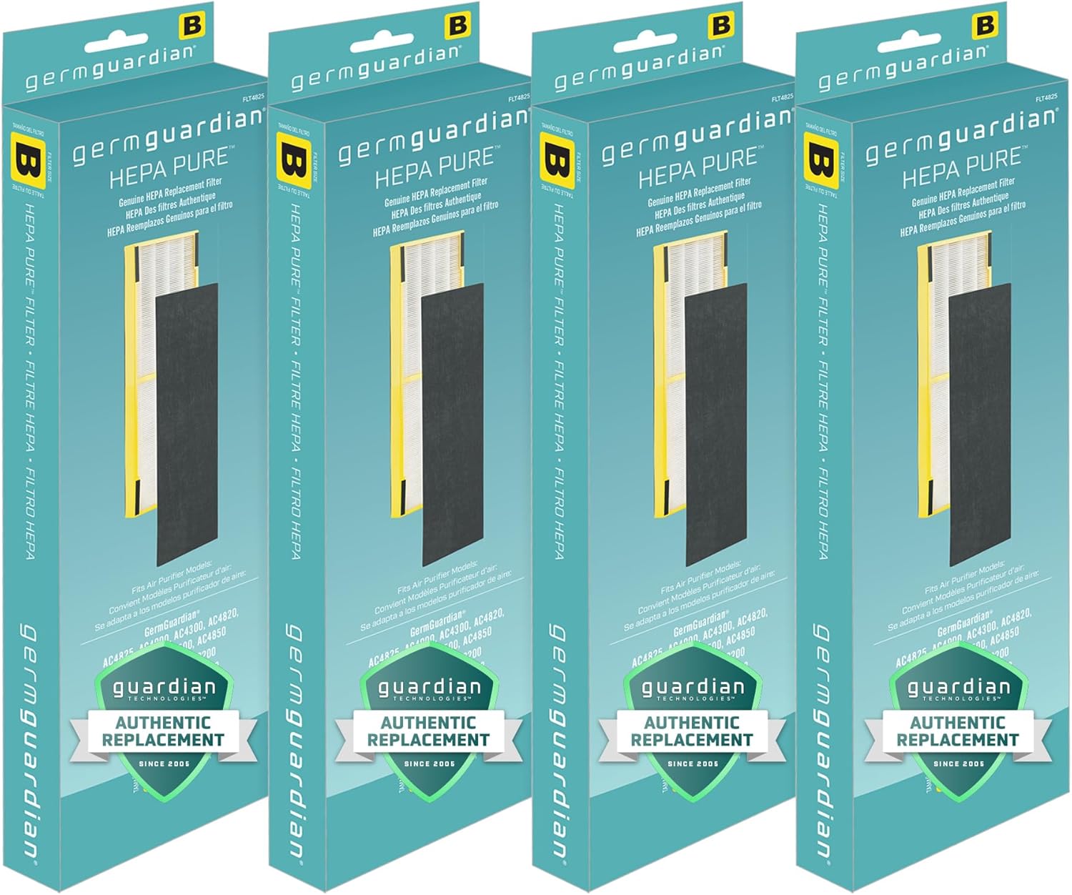 Germ FLT48254PK GermGuardian FLT4825 HEPA yedek filtre B, AC4825E, AC4300BPTCA, AC4850PT, AC4900CA, CDAP4500BCA, CDAP4500WCA hava temizleyici, 4 adet, gri, siyah