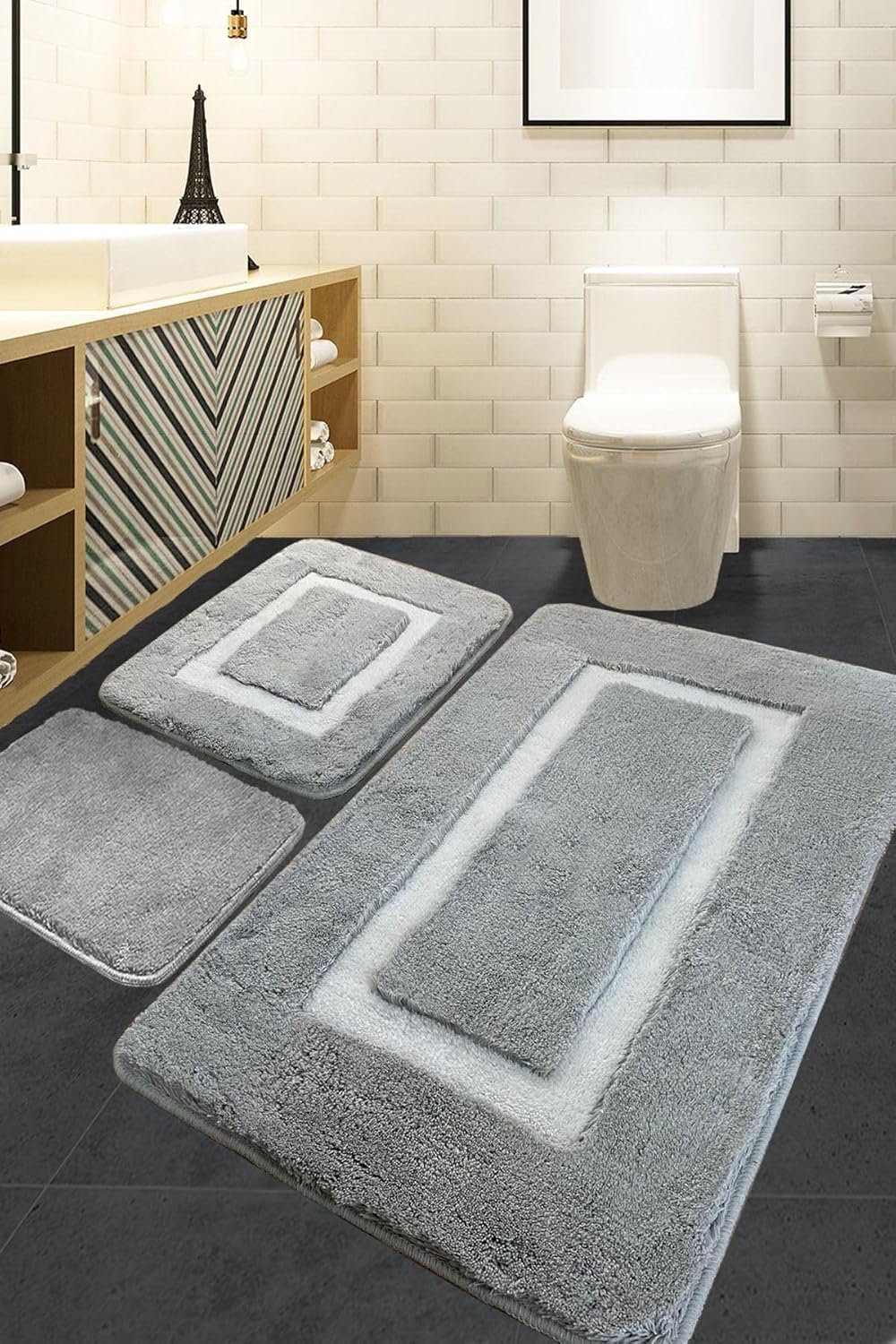Quadrato Frame Grey 3'lü Set Banyo Halısı Akrilik, 60 x 100
