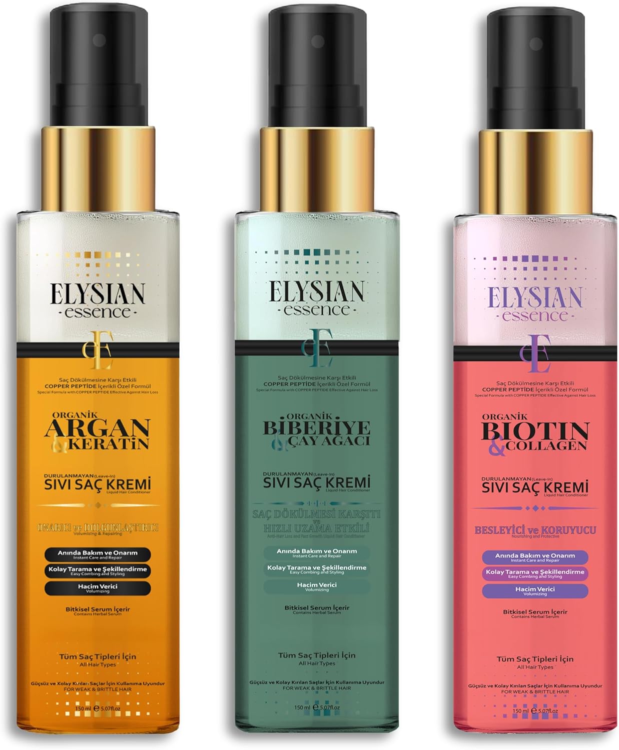 Elysian Essence 3’lü Sıvı Saç Kremi Seti - Biotin & Collagen - Organik Argan & Keratin - Biberiye & Çay Ağacı Durulanmayan, Saç Dökülmesi Karşıtı, Hızlı Uzama Etkili Bakım Spreyi