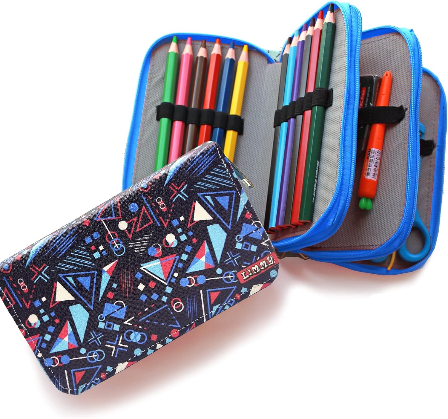 Kalem Kutusu Mavi Geometrik Desenli Organizer Kalemkutu Vegan Deri Üç Bölmeli Kalemlik