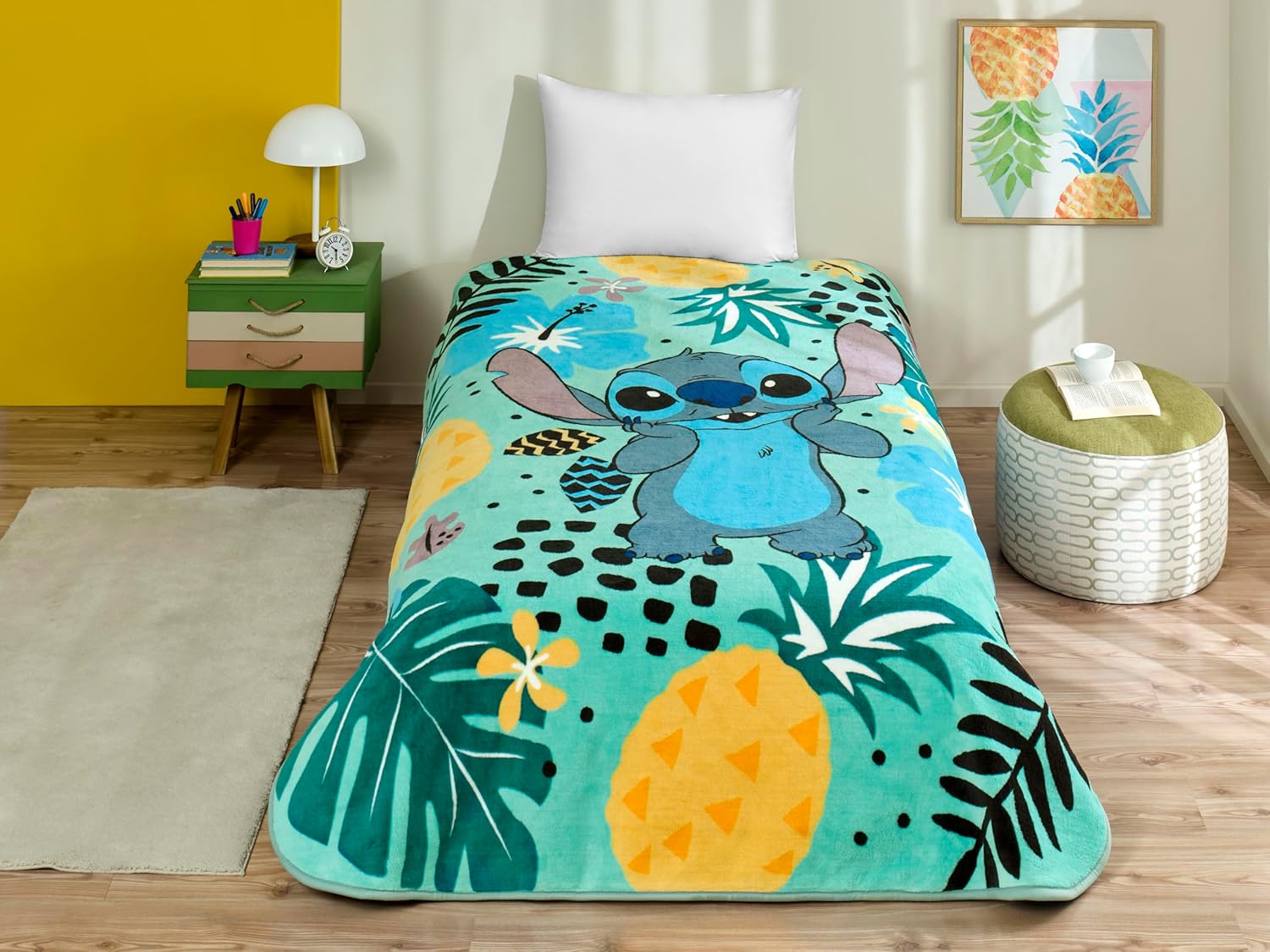 Lilo & Stitch Çizgi Film Karakteri Pamuk-Polyester Karışım Battaniye, Yeşil, Mavi, Siyah, Beyaz, Tek Kişilik