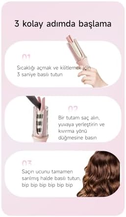 Pluzz Otomatik Saç Maşası Kalın Su Dalgası 32mm - 30 Saniyede Isınma (Pembe)