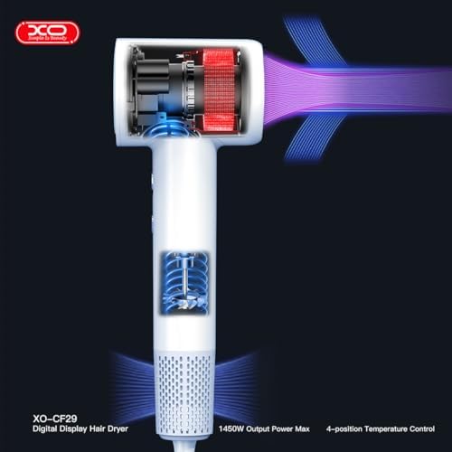 XO Dijital Ekranlı Saç Kurutma Makinesi – 1600W Güçlü Fırçasız Motor, 3 Hız ve 4 Sıcaklık Ayarı, LED Ambient Işık, Soğuk Hava ve İyon Teknolojisi, Hafif ve Ergonomik Tasarım, CF29, Gri