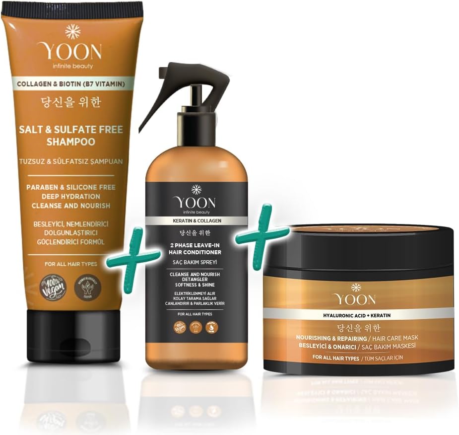 YOON 3'lü Sülfatsız Tuzsuz Şampuan 250ml, Elektriklenme Önleyici, Kolay Tarama Saç Spreyi, Hyalüronik Asit Besleyici ve Onarıcı Saç Maskesi 250ml, Tamamlayıcı Saç Bakım Seti