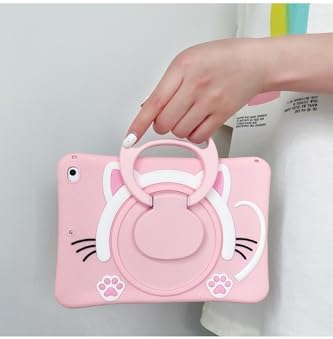 Galaxy Tab A9 Plus (11 inç) ile uyumlu Standlı Askılı Karakterli Çocuk Kılıfı Kedi Pembe