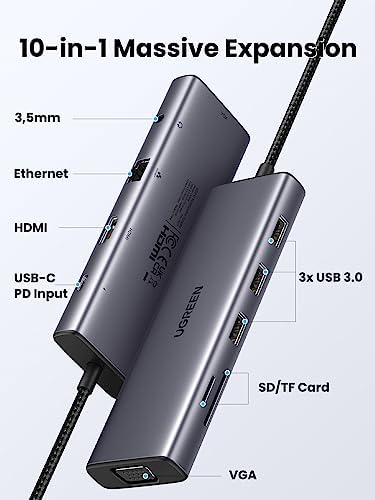 USB C Yerleştirme İstasyonu 10'U 1 ARADA 4K HDMI, VGA, 3 x USB A 3.0, PD 100W, Ethernet, 3,5 mm Ses, SD/TF ile