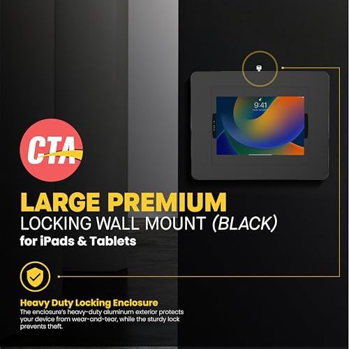 Kilitleme iPad Duvar Montajı - iPad Pro 12.9 inç, Surface Pro 3, 4, 5, 6, 7, 8, X için Tuş Kilidi ve İç Kablo Yönlendirmesi ile CTA Hırsızlığa Karşı Büyük Kilitleme Tablet Muhafazası - Siyah -