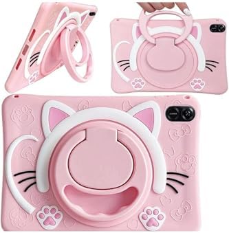 Standlı Askılı Karakterli Kedi Çocuk Kılıfı, iPad 7. 8. 9. Nesil 10.2 inç ile uyumlu - Pembe