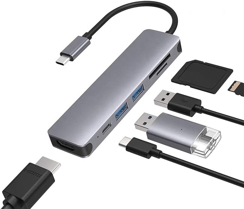 6in1 Type-C HUB Adaptör – Laptop, Tablet ve Telefon Uyumlu 4K HDMI, USB 3.0, SD/TF Kart Okuyucu ve PD 55W Hızlı Şarjlı Çoklu Dönüştürücü | 5Gbps Veri Aktarımı | HC74C
