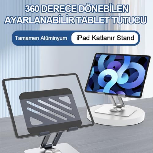 Tablet Standı 360° Dönebilen Tablet Tutucu Katlanabilir Alüminyum Tablet ve Telefon Standı - Gri