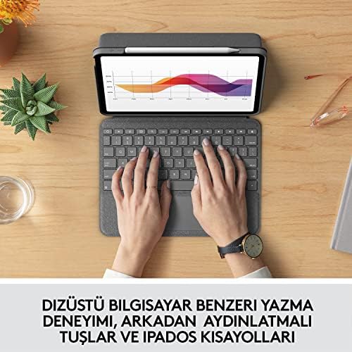 Folio Klavyeli iPad Kılıfı, Dokunmatik Yüzey, Akıllı Bağlayıcı, Arkadan Aydınlatmalı Klavye, iPad Air 10.9 inç 4. ve 5. Nesil ile Uyumlu, Gri