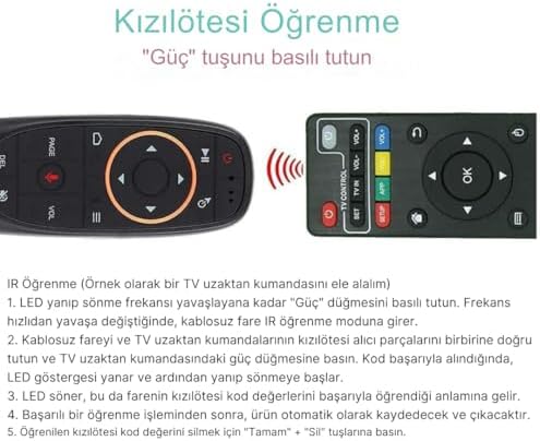 Kablosuz Air Mouse, Asistan Uyumlu Sesli Kumanda, 2.4GHz USB Alıcılı, 6 Eksenli Jiroskop, IR Öğrenme Özellikli, PC, TV Box, Smart TV Uyumlu