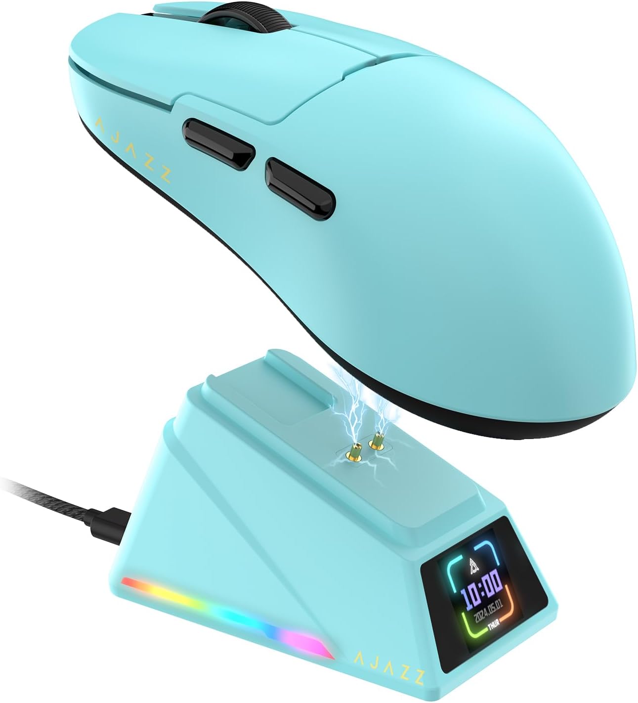 AJAZZ AJ159 APEX 8K Kablosuz Oyun Faresi, TFT Ekranlı Manyetik Şarj İstasyonu, Pixart PAW3950 Sensör, 42K DPI'ya kadar, 56g Ultra Hafif, 100M Tıklama HUANO Anahtar, Üç Modlu Fare, PC/MAC için (Mavi)