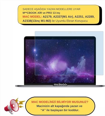 Air M1 ve  Pro M1-M2 13 inç Uyumlu Şeffaf Anti BlueRay Ekran Koruyucu Göz Yormayan Bar ID Şeffaf