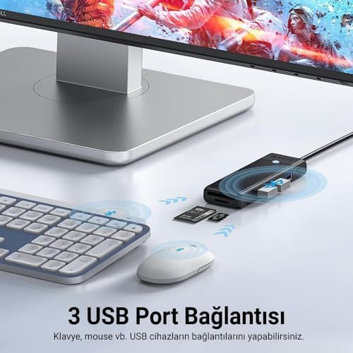 Type-C to 3.0 TF SD Kart Okuyucu 3 Portlu USB 3.0 Çoklayıcı Adaptör Siyah